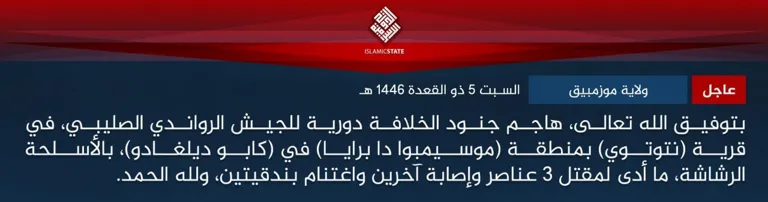عاجل – ولاية موزمبيق – بتوفيق الله تعالى، هاجم جنود الخلافة دورية للجيش الرواندي الصليبي، في قرية (نتوتوي) بمنطقة (موسيمبوا دا برايا) في (كابو ديلغادو)، بالأسلحة الرشاشة، ما أدى لمقتل 3 عناصر وإصابة آخرين واغتنام بندقيتين، ولله الحمد.