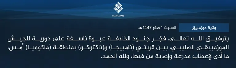 ولاية موزمبيق – بتوفيق الله تعالى، فجّر جنود الخلافة عبوة ناسفة على دورية للجيش الموزمبيقي الصليبي، بين قريتي (نامبيجا) و(ناكتوكو) بمنطقة (ماكوميا) أمس، ما أدى لإعطاب مدرعة وإصابة من فيها، ولله الحمد.