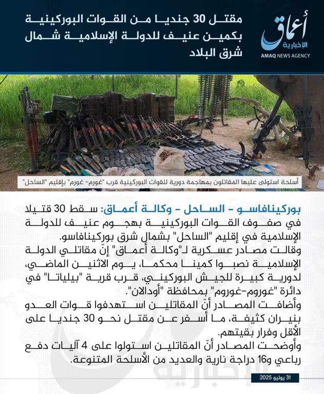وكالة أعماق: مقتل 30 جنديا من القوات البوركينية بكمين عنيف للدولة الإسلامية شمال شرق البلاد
